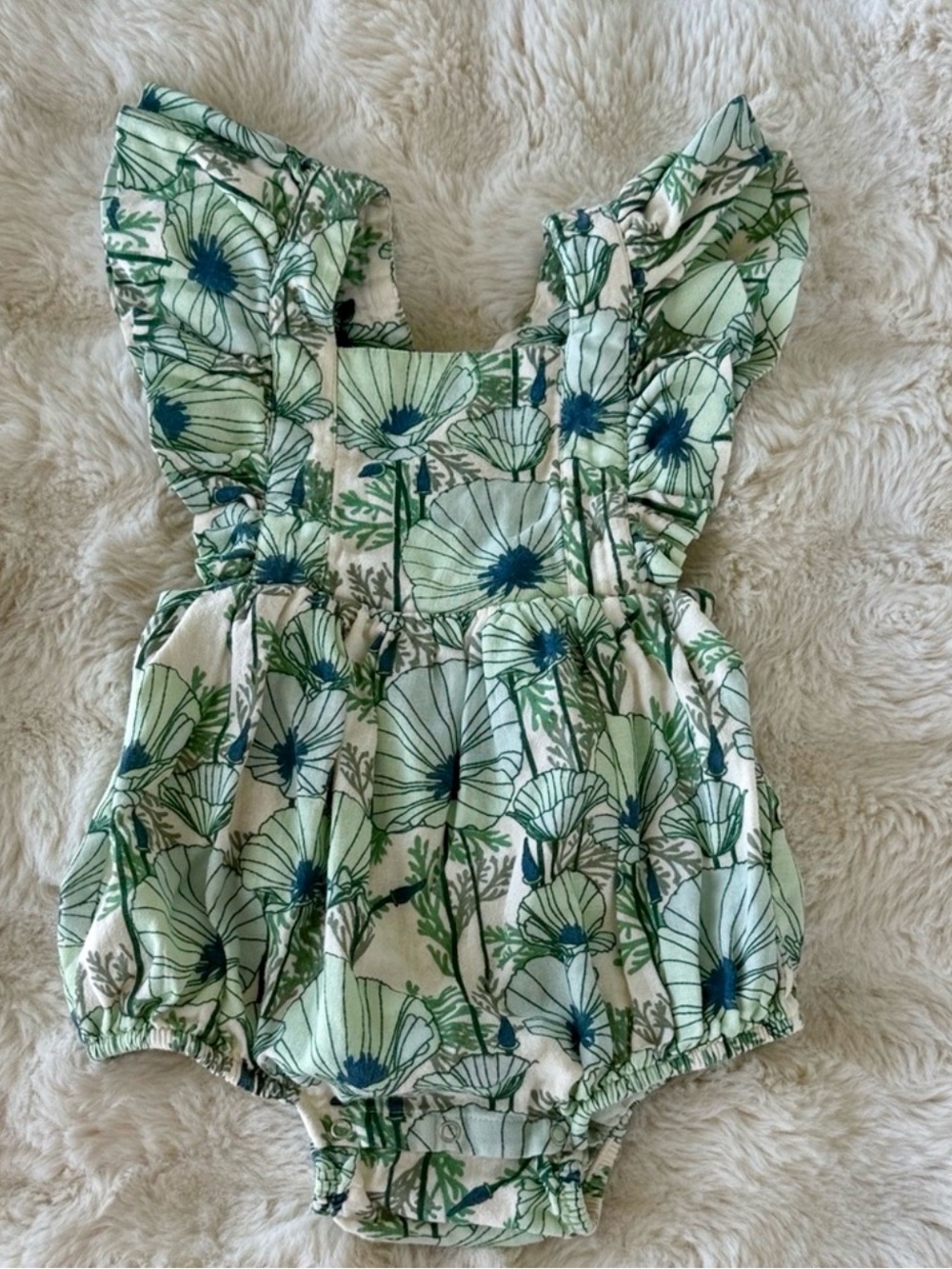Kate Quinn Aqua Poppies Ruffle Romper 2T RETIRED Print Rare Organic Baby Toddler